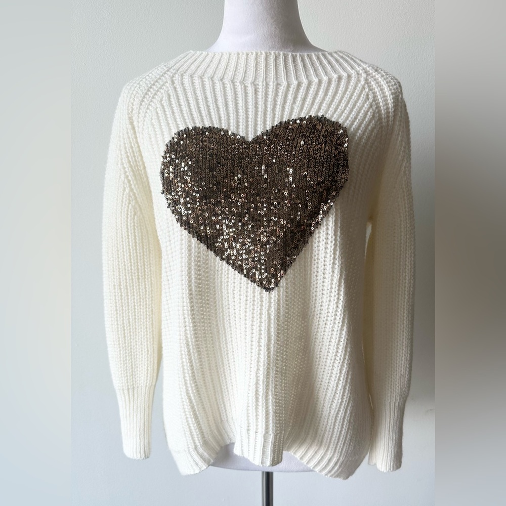 Venti6 White Sweater with Large Gold Sparkly Heart in Size L